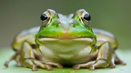  A frog's face, closely captured, atop green paper Background and frog's eyes lightly blurred
