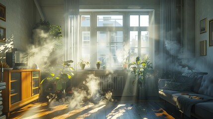 A wide-angle perspective of indoor air contaminated with mold spores, conveying the severity of allergy symptoms Employ CG 3D to emphasize the importance of addressing moisture issues