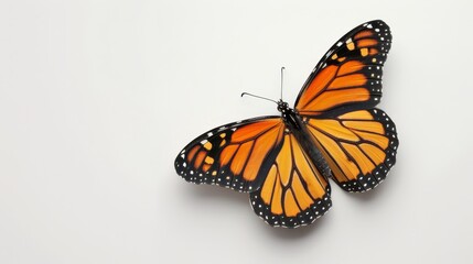 Fototapeta premium A large orange butterfly with black spots on its wings sits on a white surface One wing is faced toward the camera, while the other wing is angled away