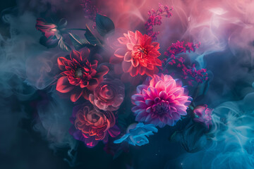 
Abstract floral composition with colorful flowers and smoke, dahlias, chrysanthemums and roses in vibrant colors on dark background