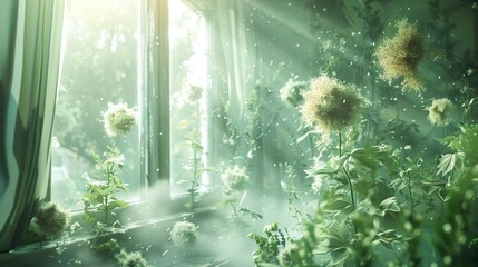 A wide-angle perspective of indoor air contaminated with mold spores, conveying the severity of allergy symptoms Employ CG 3D to emphasize the importance of addressing moisture issues