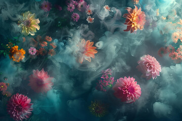 
Abstract floral composition with colorful flowers and smoke, dahlias, chrysanthemums and roses in vibrant colors on dark background
