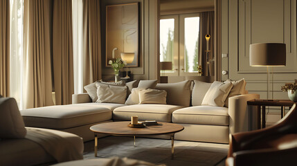 Fototapeta premium A sophisticated modern living room with elegant furnishings and a neutral color scheme, captured in high-definition