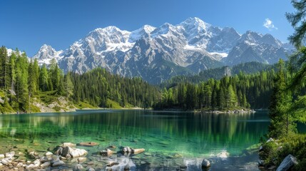 Fototapeta premium A serene mountain landscape with snow-capped peaks, a clear blue lake, and pine forests