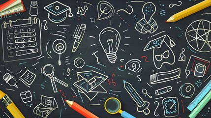 A blackboard filled with hand-drawn educational doodles, school supplies scattered around