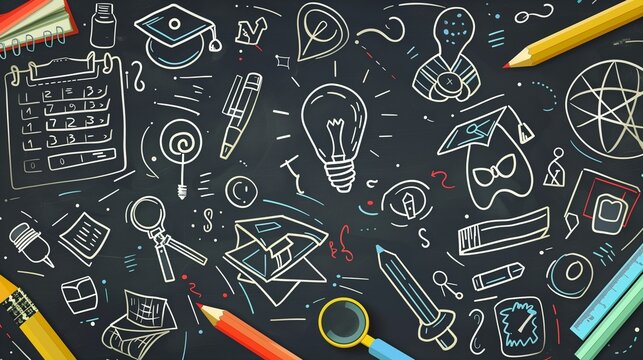 A blackboard filled with hand-drawn educational doodles, school supplies scattered around
