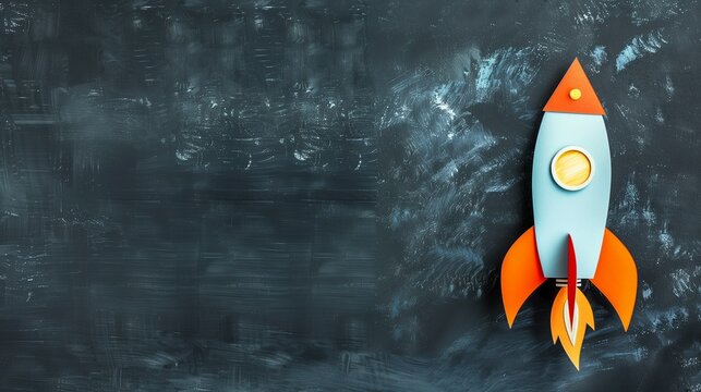 education. Back to school concept. rocket cut from paper and painted over blackboard background. top view, flat lay. banner, more copy space