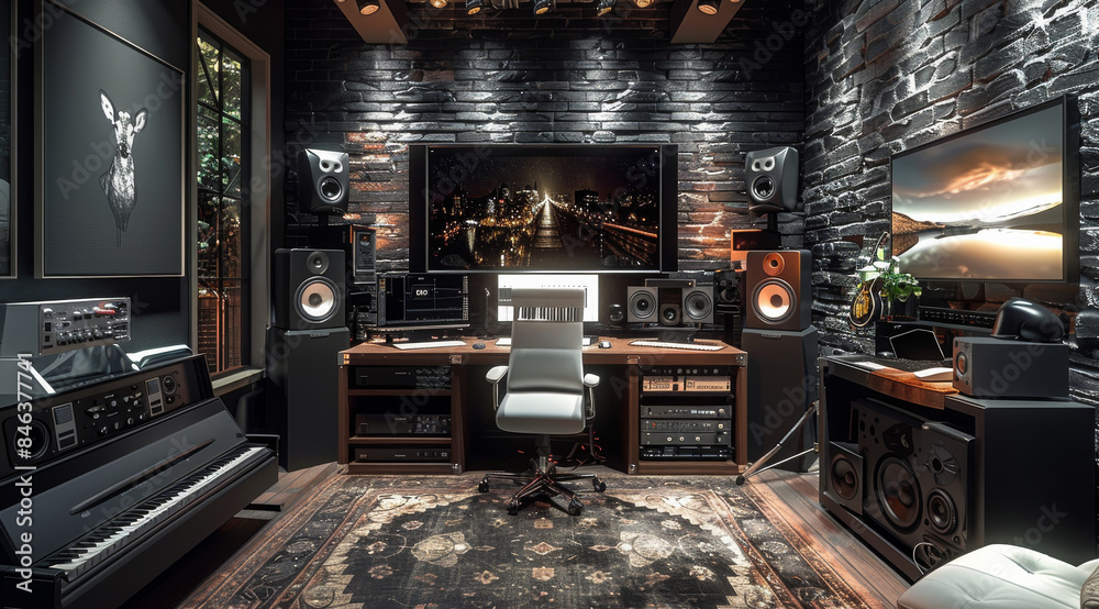 Leinwandbilder the interior design of a home music studio, with black brick walls. in the forefront, there is a lar