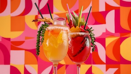 Glasses of cocktails on bright background