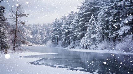 Fototapeta premium A snowy winter landscape with frosted trees, a frozen lake, and soft, falling snow.