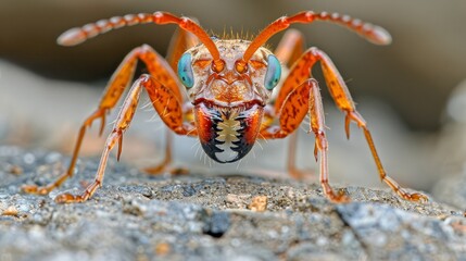  A tight shot of an orange and black insect, featuring long legs, an orange face with white stripes, an open mouth, and widened eyes, perched atop a rocky surface