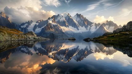 Majestic French alps landscape of Lac Blanc with Mont Blanc mountain range reflected on lake in the sunset at Haute Savoie Chamonix France : Generative AI