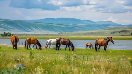 Fototapeta premium Scenic view of horses grazing in nature The river delta provides a tranquil backdrop for the animals The steppe landscape complements the natural beauty of the landscape : Generative AI