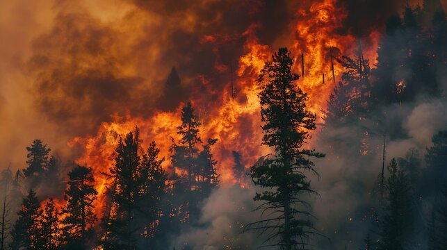 wildfires BC British Columbia Columbia Valley dramatic intense fire flames smoke natural disaster burning forest blaze wildfire environment nature landscape orange red heat growth : Generative AI