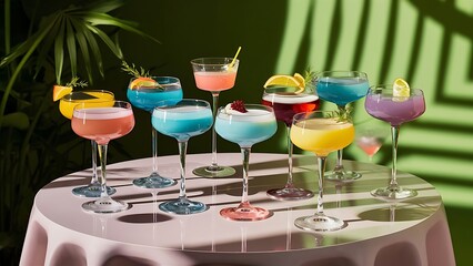 Alcoholic beverages summer cocktail party multicolored low alcohol drink glasses set green background hard light shadow pattern