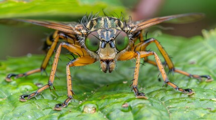 Fototapeta premium A close-up of a fly on a green leaf, with water drops on its wings Background and foreground softly blurred with leaves