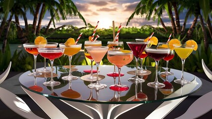 Alcoholic beverages summer cocktail party multicolored low alcohol drink glasses set green background hard light shadow pattern