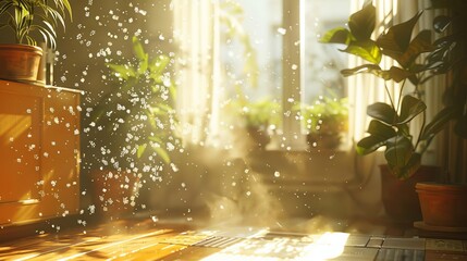 indoor air problems with a focus on floating allergens, showcasing dust particles and pollen in a digital, CG 3D format