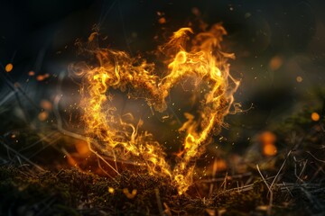 Heart shaped flames in a dark setting with dramatic lighting