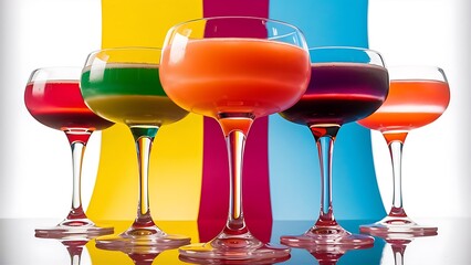 Glasses of cocktails on bright background