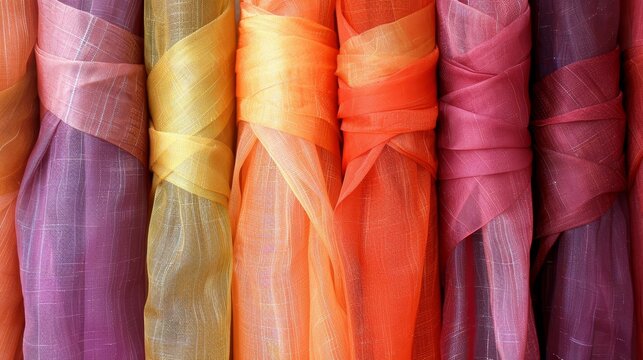  A close-up of various colored tulles hung against a backdrop of more tulles on the wall