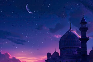 Ramadan Kareem background.Crescent moon at a top of a mosque with copy space with generative ai