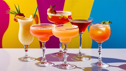 Glasses of cocktails on bright background