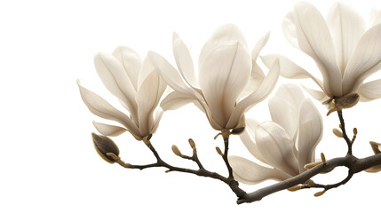 Close-up of white magnolia flowers in full bloom on a branch, with copy space, showcasing their delicate petals and elegant form.