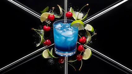 Blue hawaiian cocktail with cherry and lime black background