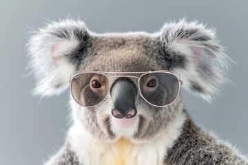 A studio close-up portrait photo of a cute koala wearing sunglasses, against a background of pastel shades.