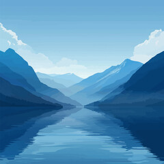 Lake reflecting the azure sky and surrounded by tall mountains. Vector flat minimalistic isolated illustration.