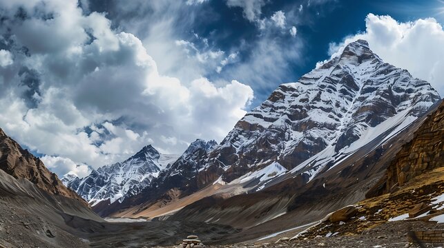 Himalayas landscape Himalayas valley at Keylong Kyelang Lahaul and Spiti India Clouds over the snowy mountain peak Beautiful mountains background : Generative AI