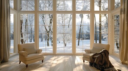 Interior image of English home style show two windows in warm living room see through the landscape natural view of big trees outsite in winter season : Generative AI - Powered by Adobe