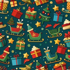 Fototapeta premium Seamless pattern of doodle sleighs filled with toys and wrapped packages, Generative AI