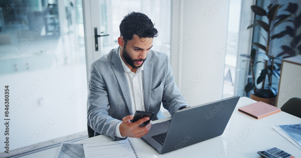 Poster office, phone and businessman on laptop with documents for online networking, website and internet. 