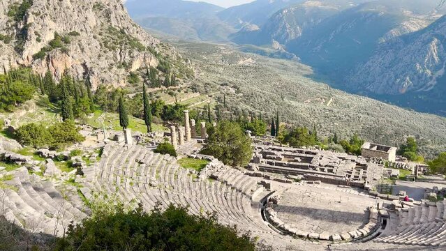 Ancient theatre of Delphi with Apollo temple, old greek ruin- Greece