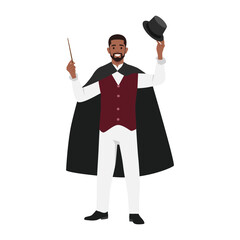 Young bearded Magician with his magic wand. Flat vector illustration isolated on white background