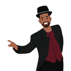 Young bearded actor in an embroidered caftan welcomed the audience. Flat vector illustration isolated on white background