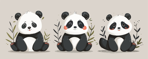 Cute pandas. Isolated on background. Cartoon flat. vector simple illustration