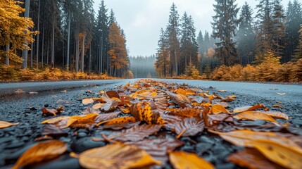  A collection of leaves resting beside a woodland road Trees loom in the backdrop, and a foggy distance houses a misty sky