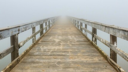 Obraz premium A wooden bridge in the fog on a foggy day One bench on each side