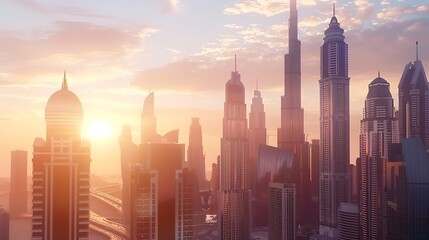 Naklejka premium Dubai city 3d concept background amazing city center skyline with luxury skyscrapers at sunrise United Arab Emirates : Generative AI