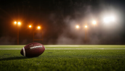 football ball in front of warm-toned spotlights on the field and foggy background