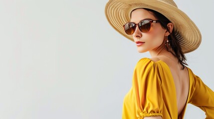 Stylish Tunisian Woman Posing in Summer Outfit on Light Grey Background with Copy Space