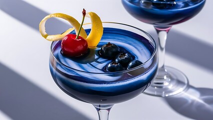 Fresh blueberry cocktail with lemon peel and cherry