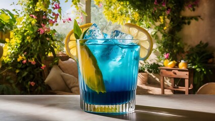 Butterfly pea with lemon juice on ice in transparent glass with summer garden background