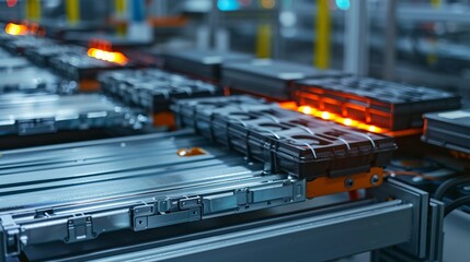 A close-up view of lithium-ion cells used in high-voltage electric vehicle batteries, showcasing the manufacturing process.