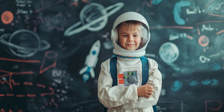 A child wearing an astronaut costume stands confidently against a space-themed chalkboard backdrop, evoking dreams of space exploration and the excitement of childhood imagination.