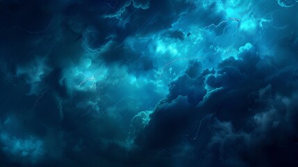 Obraz premium A dramatic, dark, blue cloudy sky overlay depicting a scene of bad weather with dark clouds, rain, thunderstorm, and lightning.