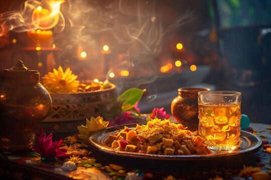 Independence Day (Guatemala). A close-up shot of traditional Guatemalan food and drinks, such as tamales, chirmol, or atol, beautifully presented on a table with decorative elements.